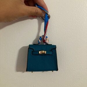 Mini Prussian Blue Kely Bag Charm Keychain with Light Gold Hardware and Twilly